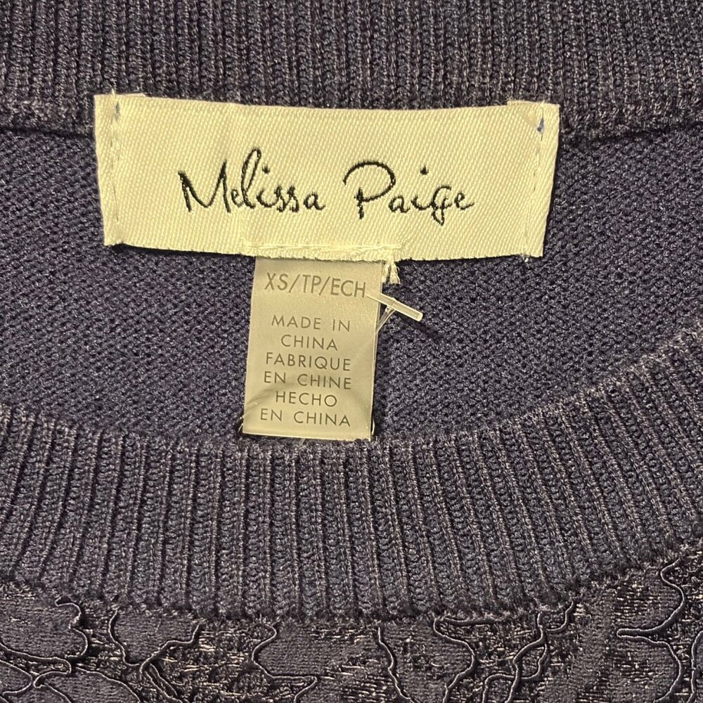 Melissa Paige Sweater XS Navy Blue Lace Knit Short Sleeve Top Luxe Coquette - Picture 3 of 8